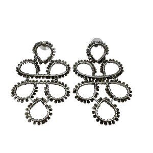 Silver Tone Beaded Drop Down Earrings Statement Long Stud Art Deco